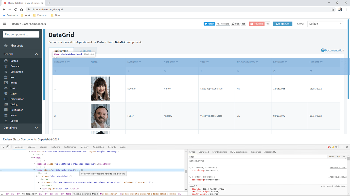 Datagrid hide header blazor server radzen