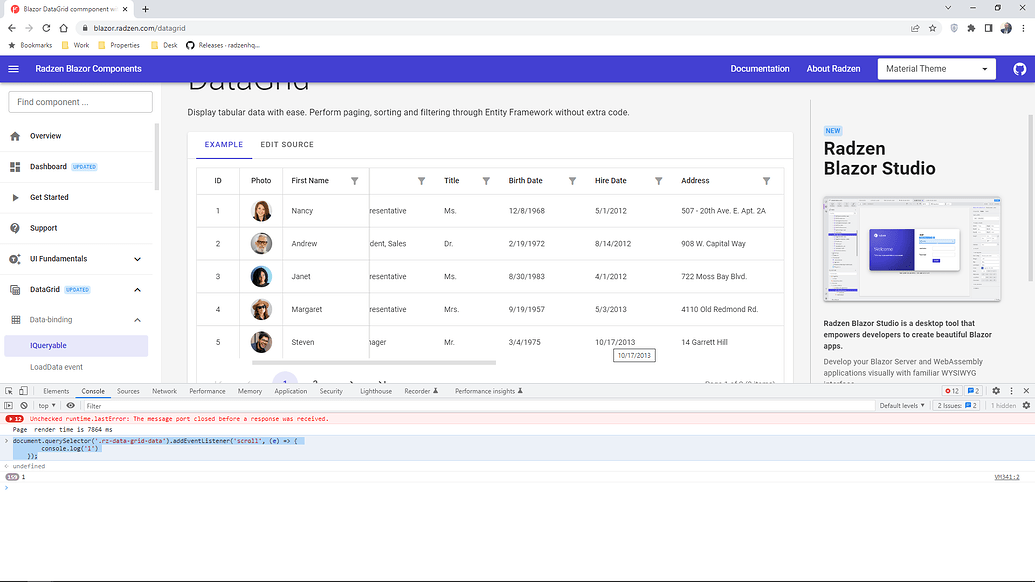 Scrolling events in RadzenDataGrid - Blazor Server - Radzen