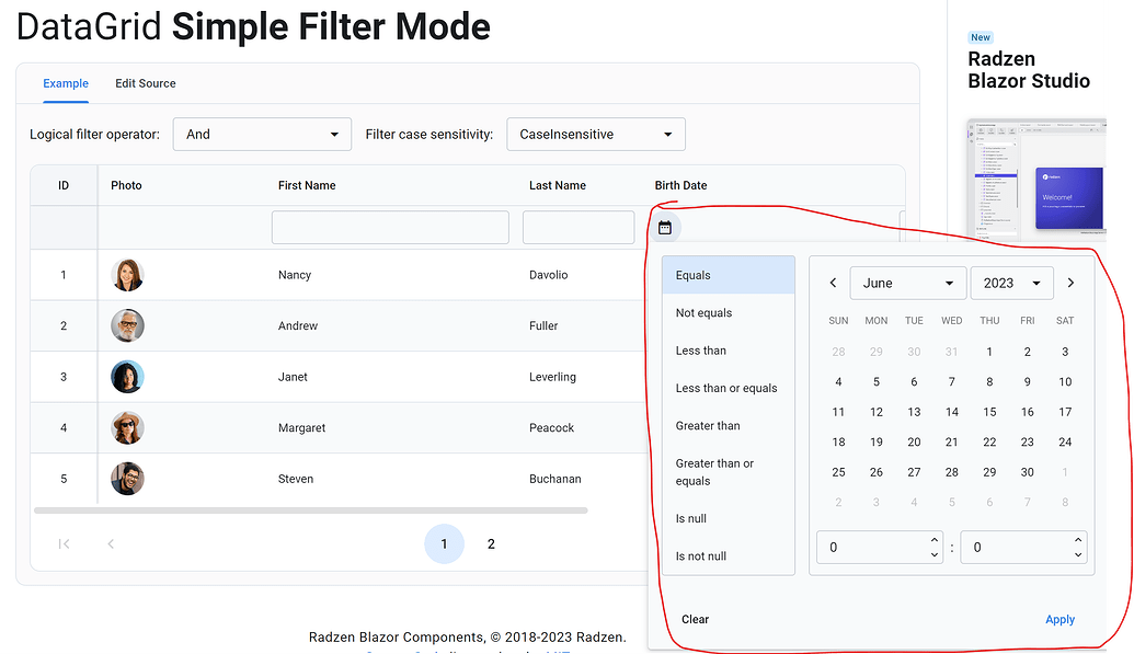 Datagrid simplified filter for dates - Radzen Blazor Studio - Radzen