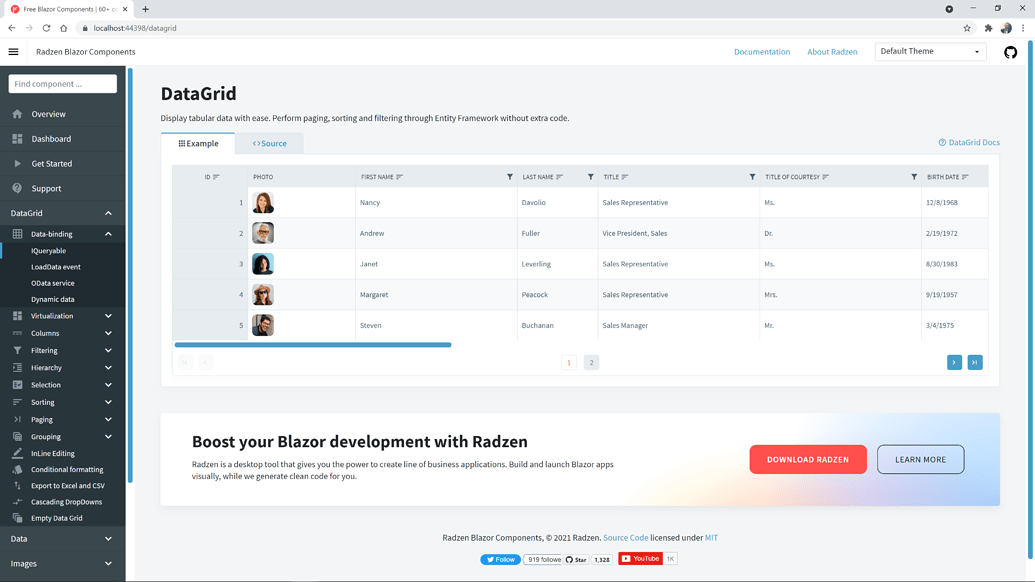 Datagrid header template blazor server radzen