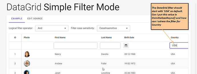 Datagrid filter start with a default value - Blazor Server - Radzen