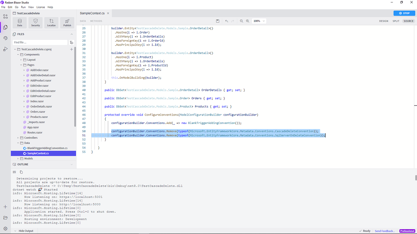 Disable Cascading delete not working Radzen Blazor Studio Radzen