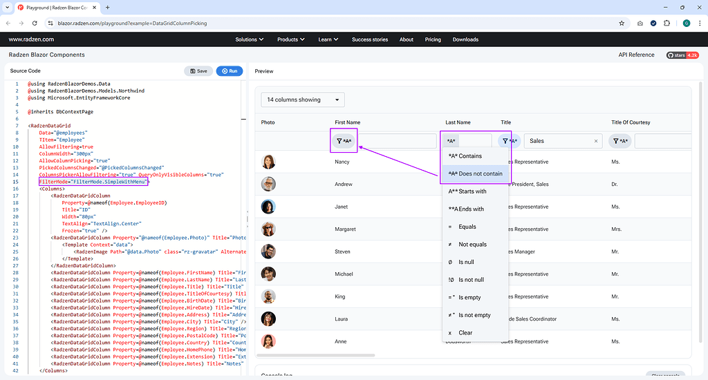 DataGrid column picker with simple menu filter issue - Radzen.Blazor ...