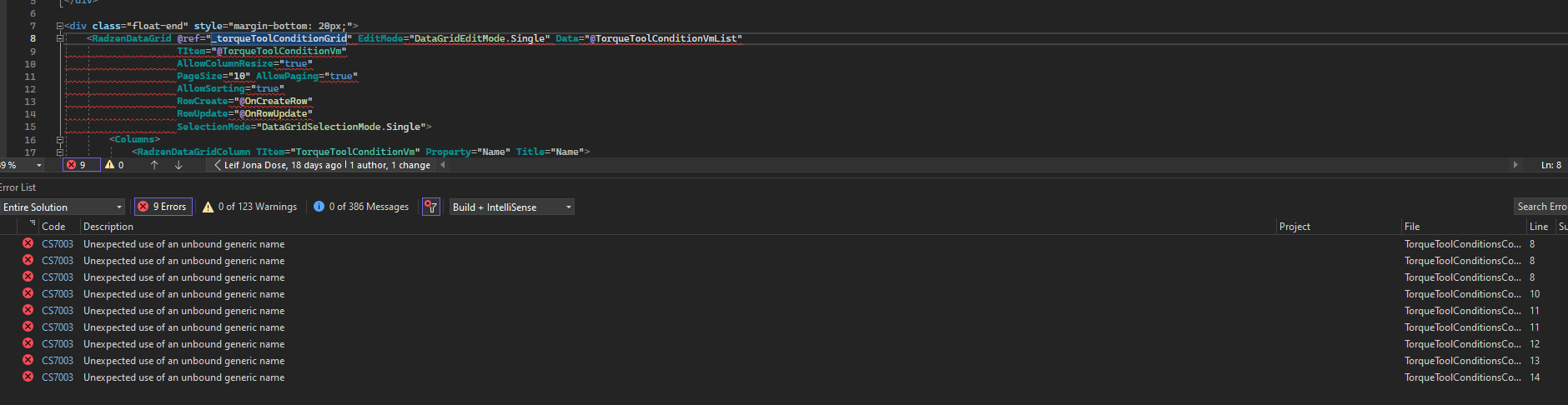Visual studio Error on datagrids - Radzen.Blazor Components - Radzen