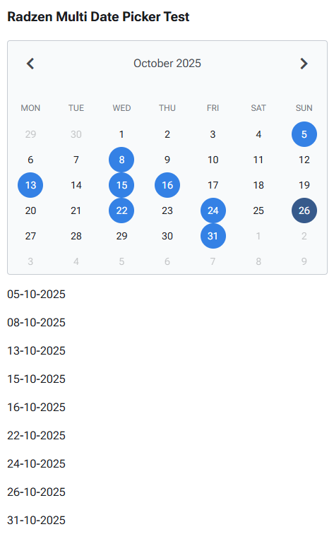 DatePicker Multiple Date Selection - Radzen.Blazor Components - Radzen