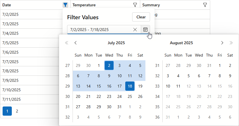 Datagrid filter between two dates - Radzen.Blazor Components - Radzen